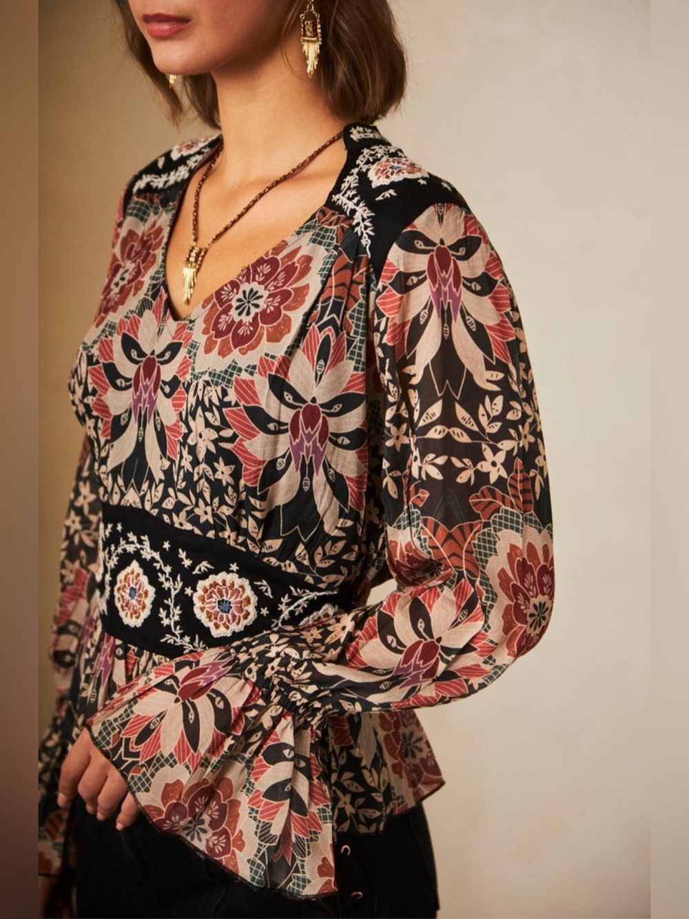 NKN Nekane Barcelona Andini Printed V-Neck Peplum Blouse Black & Blush Floral Sm - Picture 5 of 14